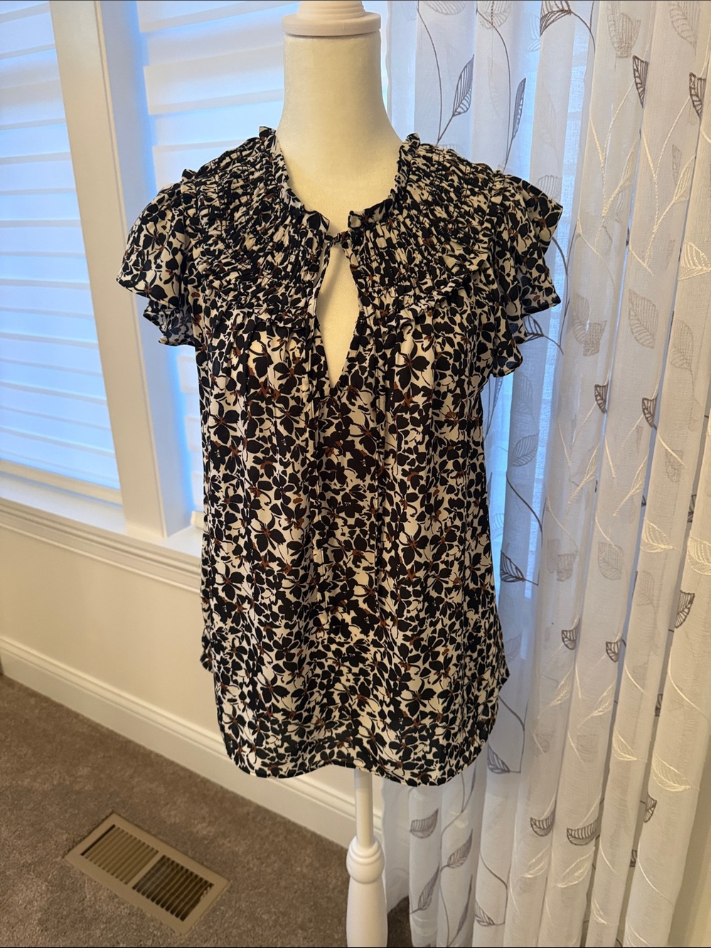Women’s Black, Brown and White Floral Ruffle Neck Blouse